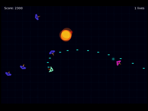 Galactic Backfire gameplay: enemy ships flying across a dark grid while bullets travel back towards them